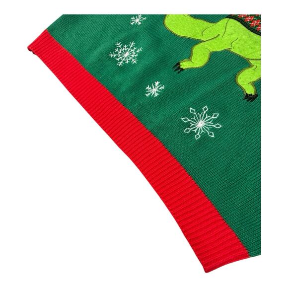 Vintage Jolly Sweaters Large Green Christmas Disco Dancing T-Rex Sweater - Picture 9 of 14